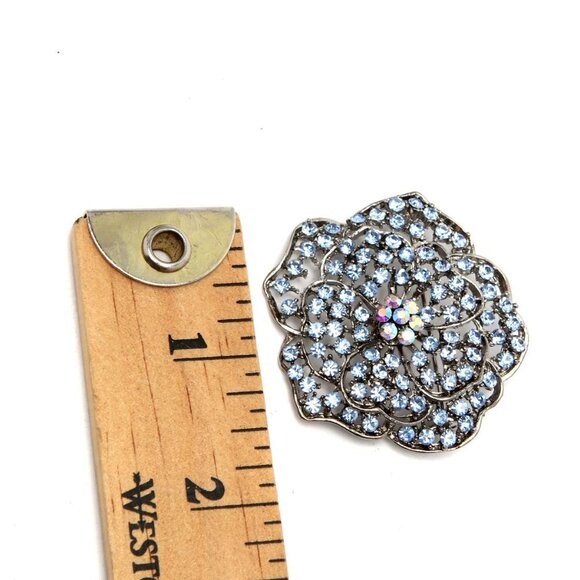Vintage Blue Crystal Flower Brooch Pendant Pin Metal Silver Iridescent Jewelry - Picture 5 of 7